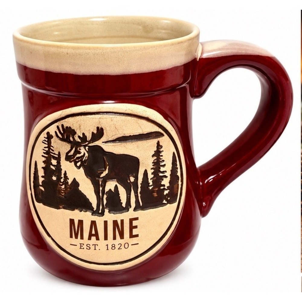 Maine Moose Coffee Mug Stoneware Burgundy Cabin Lodge Rustic Wildlife Souvenir